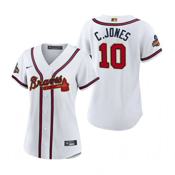 Women's #10 Chipper Jones Atlanta Braves White 2022 Gold Program MLB Jersey