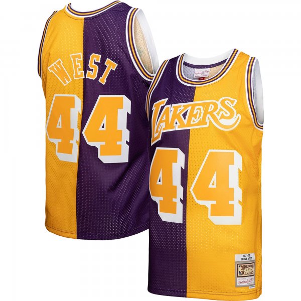 Men's Los Angeles Lakers Jerry West Mitchell & Ness Purple/Gold Hardwood Classics 1971/72 Split Swingman Jersey