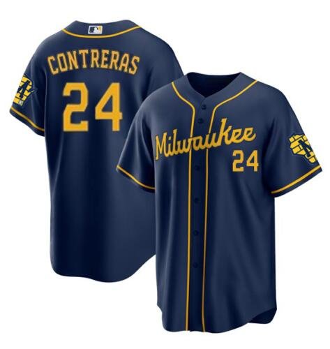 Youth Milwaukee Brewers #24 William Contreras Navy Cool Base Stitched Baseball Jersey