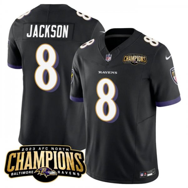 Men's Baltimore Ravens #8 Lamar Jackson Black 2023 F.U.S.E. AFC North Champions Vapor Limited NFL Jersey