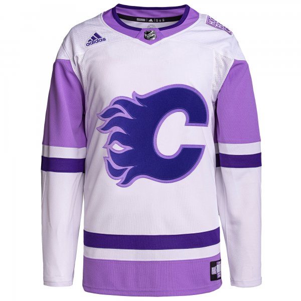 Men's Calgary Flames adidas White/Purple Hockey Fights Cancer Primegreen Custom Jersey