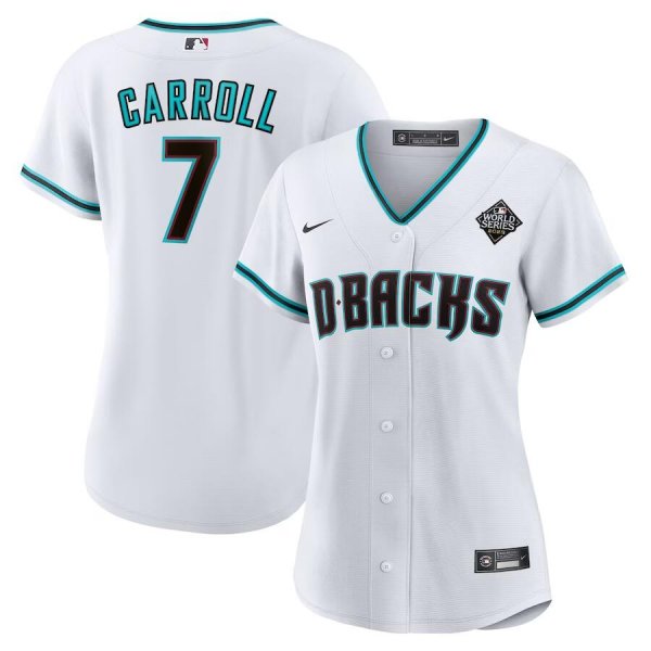 Women's #7 Corbin Carroll Arizona Diamondbacks Nike 2023 World Series Replica Player White Jersey