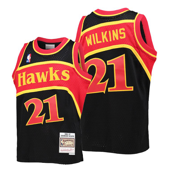 Men's Atlanta Hawks #21 Dominique Wilkins Mitchell & Ness 1986-87 Hardwood Black Classics Reload NBA Jersey