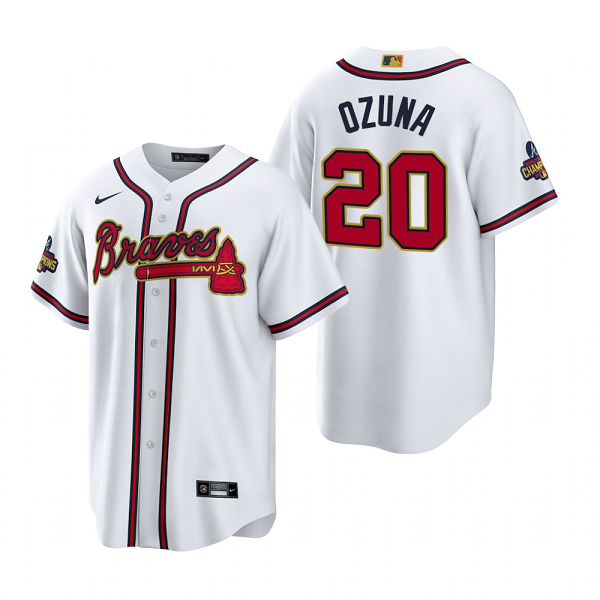 Men's #20 Marcell Ozuna Atlanta Braves White 2022 Gold Program MLB Jersey