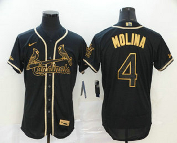 Men's St. Louis Cardinals #4 Yadier Molina Black Golden Stitched MLB Flex Base Nike Jersey