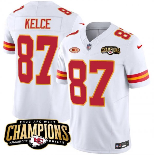 Men's Kansas City Chiefs #87 Travis Kelce White 2023 F.U.S.E. AFC West Champions With "NKH" Patch Vapor Untouchable Limited Stitched Jersey