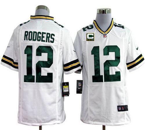 Nike Green Bay Packers #12 Aaron Rodgers White With C Patch Men's Stitched NFL Game Jersey