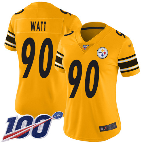 Women's Pittsburgh Steelers #90 T. J. Watt GoldStitched NFL Limited Inverted Legend 100th Season Jersey