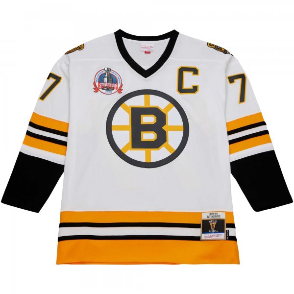 Men's Boston Bruins Ray Bourque Mitchell & Ness White Captain Patch 1989/90 Blue Line Player Jersey