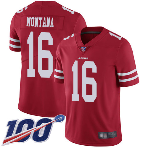 San Francisco 49ers #16 Joe Montana Red Team Color Men's Stitched NFL 100th Season Vapor Limited Jersey