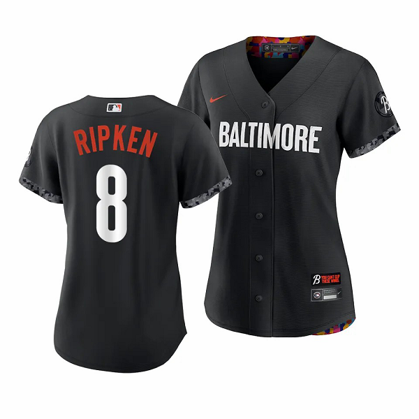 Women's Baltimore Orioles #8 Cal Ripken Jr. 2023 City Connect Black Cool Base Jersey