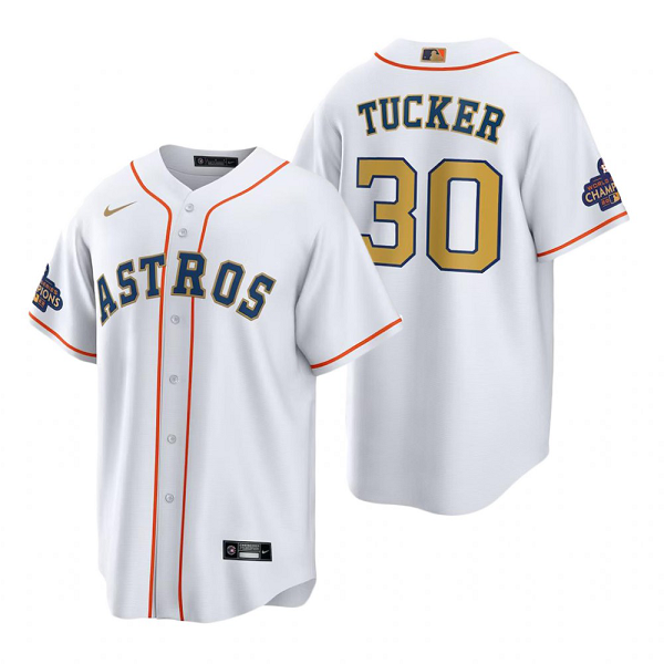 Youth Houston Astros MLB #30 Kyle Tucker White 2023 Gold Collection Cool Base Nike Jersey