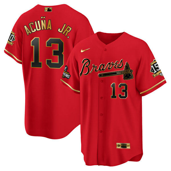 Men's Atlanta Braves #13 Ronald Acu?a Jr. 2021 Red/Gold World Series Champions With 150th Anniversary Patch Cool Base Stitched Jersey